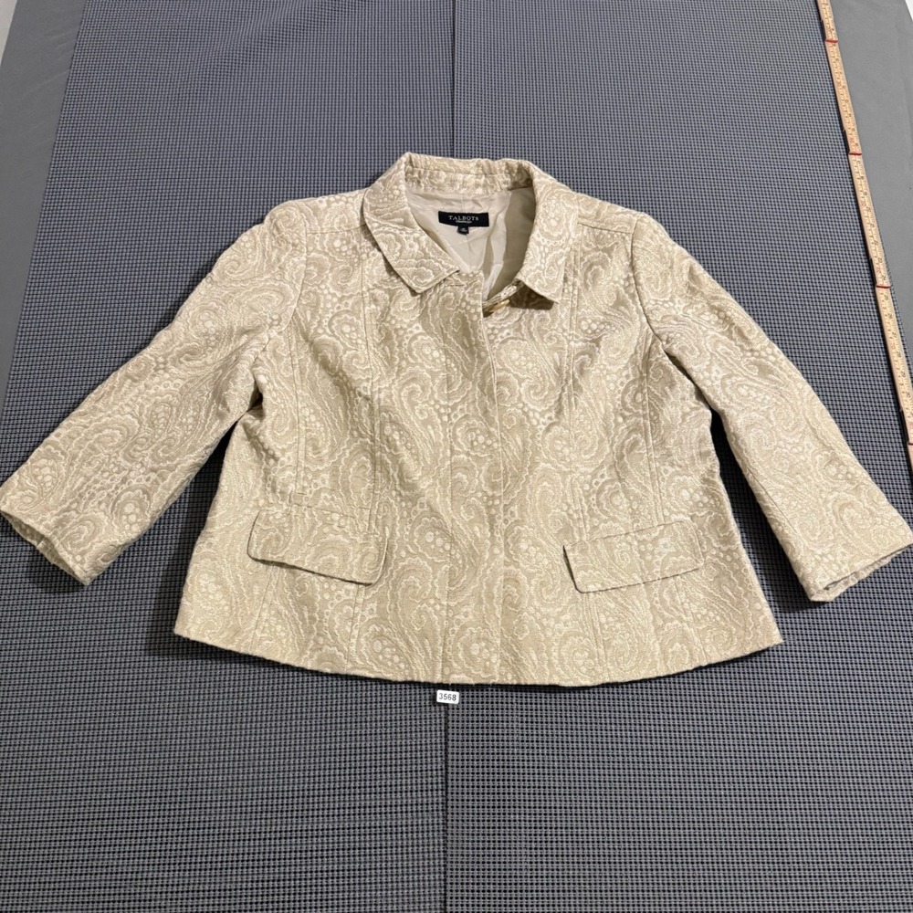 Talbots Womens Beige Paisley Jacquard Metallic Cropped Blazer Jacket Size 10